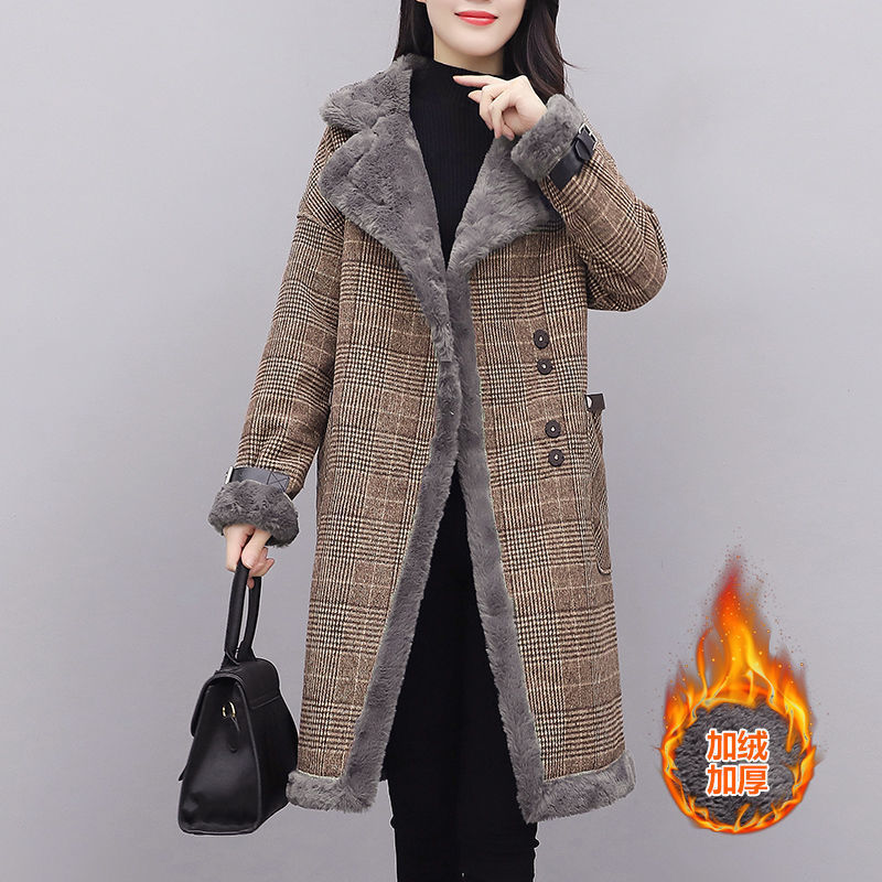 Mid-length woolen coat for women, autumn and winter plus velvet, new fashionable cold-proof and warm woolen coat, large size loose windbreaker