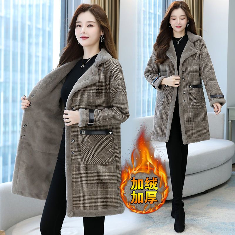 Plaid woolen coat for women autumn and winter mid-length plus velvet warm large size loose windbreaker fashionable new woolen coat