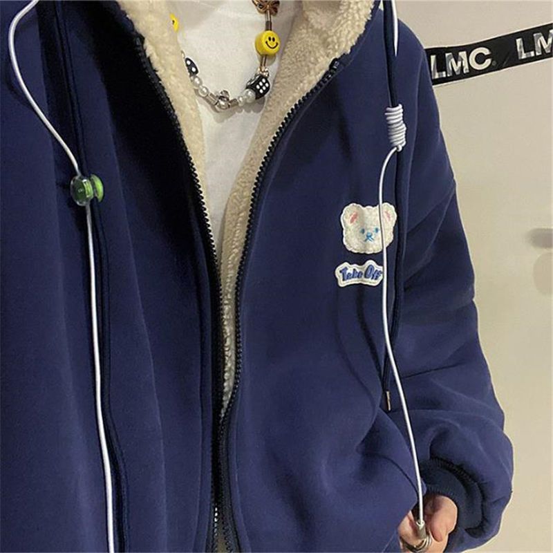 Lamb wool sweatshirt women's winter velvet thickening design niche hooded cardigan jacket ins trendy loose Korean version