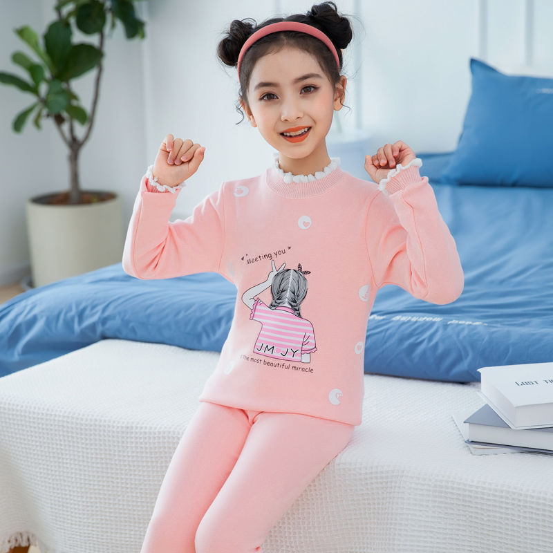 兒童保暖內衣套裝加絨加厚款冬季寶寶小女孩高領打底棉毛衫中大童