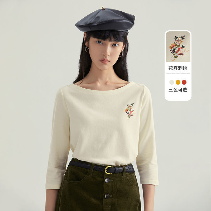 茵曼七分袖t恤2021秋季新款纯棉宽松别致绣花圆领百搭显瘦上衣女