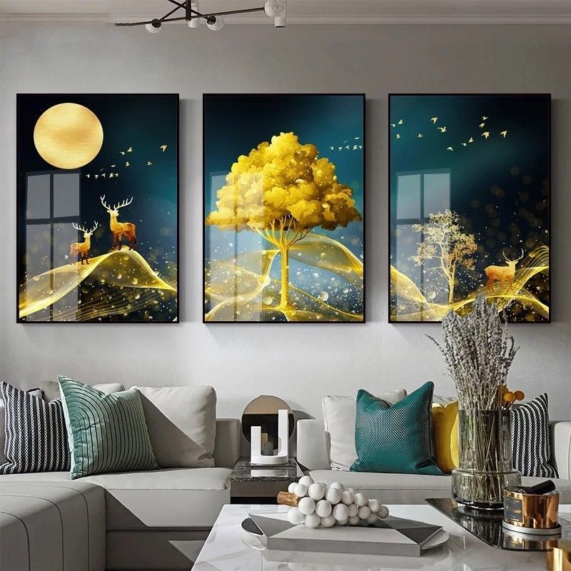 客厅装饰画现代简约北欧沙发背景墙挂画墙画三联画轻奢晶瓷画壁画