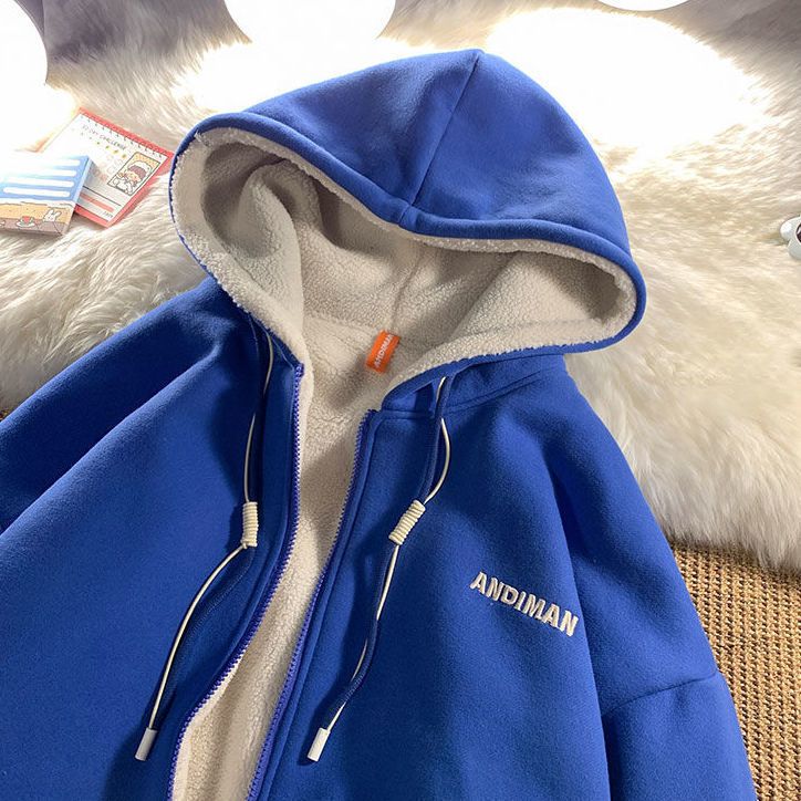 Klein blue sweatshirt women's winter velvet thickened lamb wool coat autumn and winter ins trendy brand loose hooded clothes