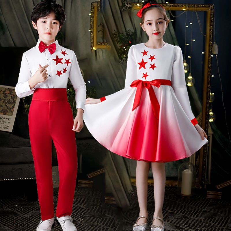 元旦儿童演出服合唱服大合唱团男女童礼服小学生红歌朗诵表演服装