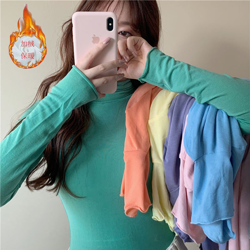 Plus velvet/thin new half-high collar slim slim long-sleeved T-shirt female super fairy age-reducing elastic solid color bottoming top