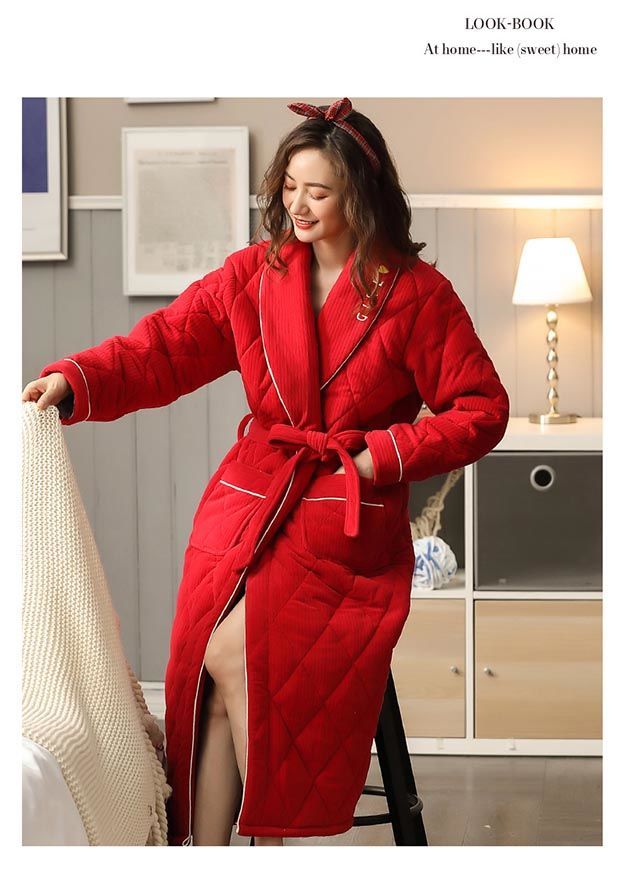三層加厚夾棉睡袍女士冬季保暖珊瑚絨浴袍加長款中國紅家居服短絨^特價特賣