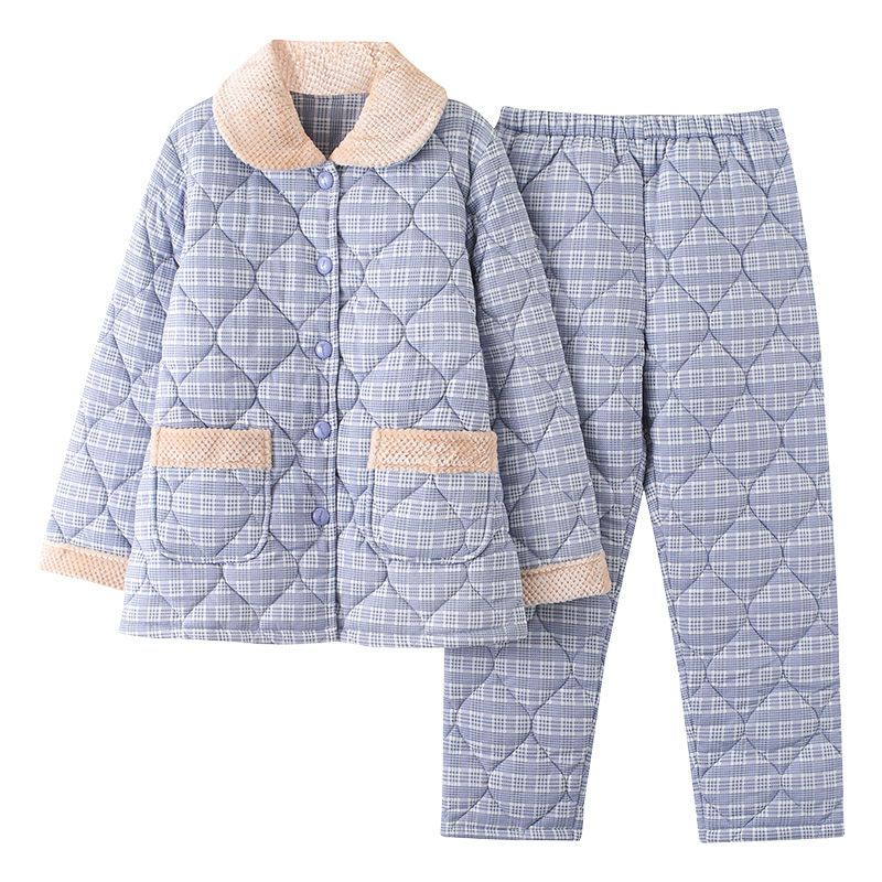 100 pure cotton pajamas women's winter thickened three-layer warm quilted middle-aged and elderly mother home clothes large size suit