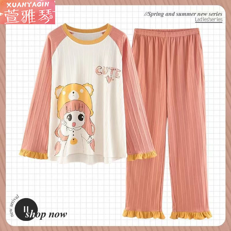 100% double-sided pajamas women's spring and autumn style long-sleeved cartoon sweet suit Korean version winter cute home clothes can be worn outside