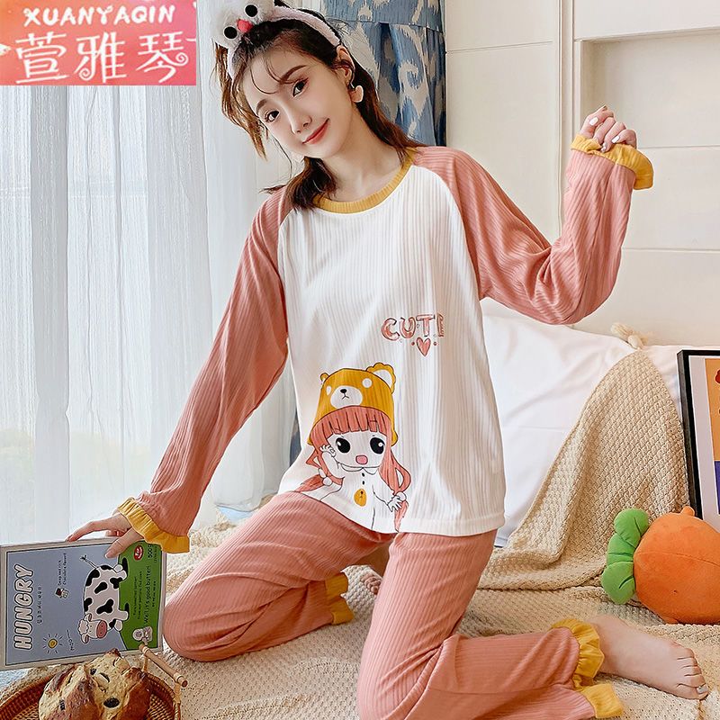 100% double-sided pajamas women's autumn and winter styles net red hot style sweet cartoon home service spring and autumn large size student suit