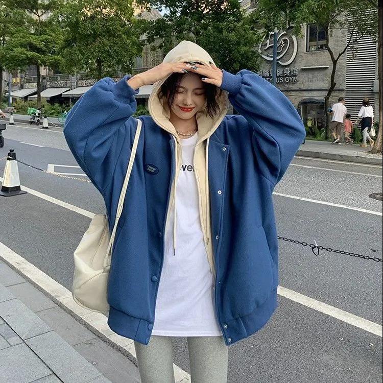 2021 autumn and winter new thickened hooded woolen coat women's fake two-piece design sense BF loose jacket top student