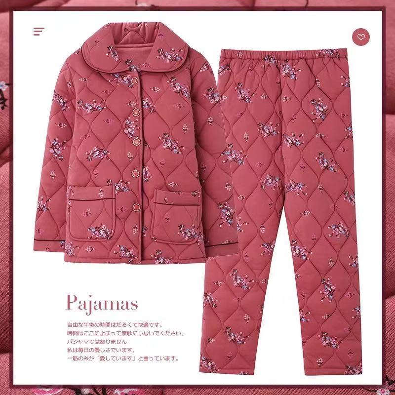 Nanjiren 100% pure cotton pajamas women's winter jacket three-layer thickened plus velvet warm home clothing winter QG