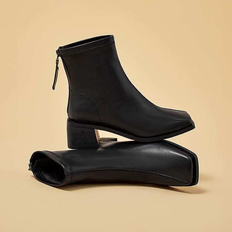 华耐粗跟短靴女加绒保暖法式高跟鞋新款弹力瘦瘦靴马丁小方头女靴