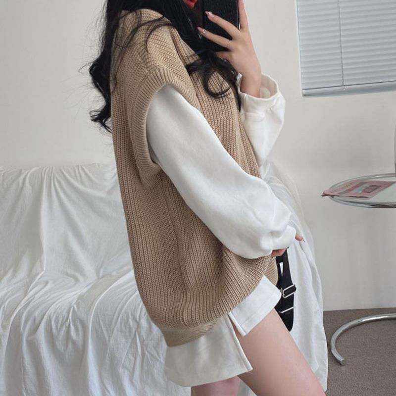 One piece/set  Spring and Autumn Korean Style French Slit Long-sleeved Top + Casual Knitted Sweater Vest Women's Fashion