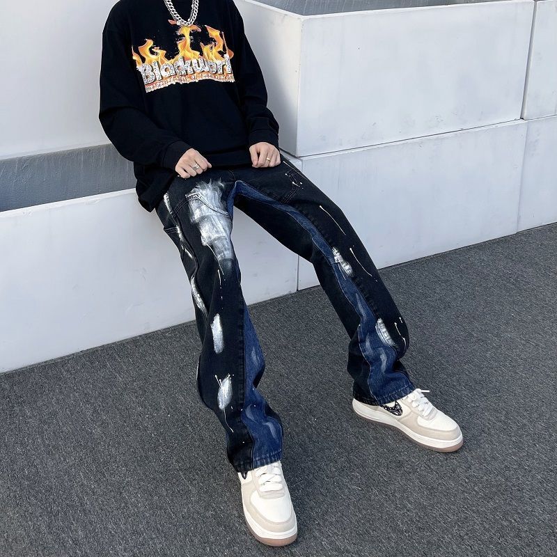 歐美街頭潑墨塗鴉直筒牛仔褲男ins潮牌美式嘻哈寬鬆黑色炸街褲子