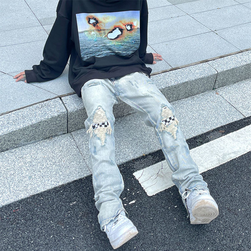 高街hiphop水洗做舊拉鏈牛仔褲男美式嘻哈破洞補丁痞帥褲子ins潮