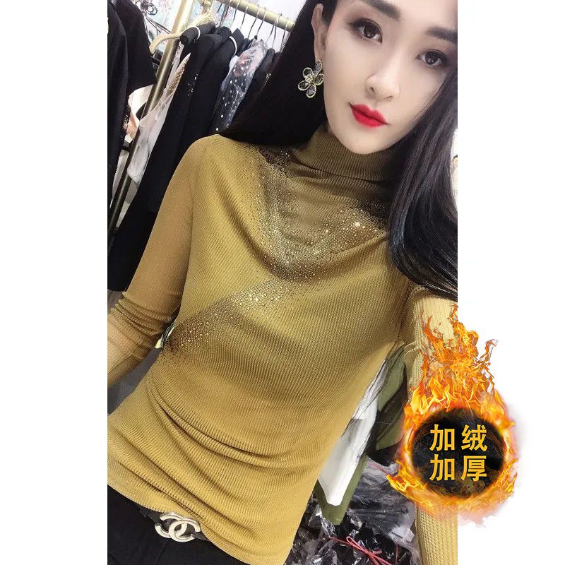 秋冬新款時尚加絨高領長袖T恤女修身洋氣蕾絲百搭打底衫別致上衣