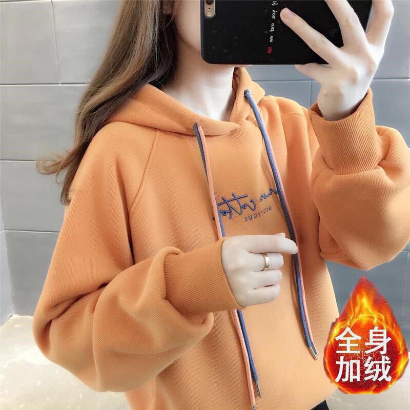 加絨加厚連帽衛衣女2022秋冬新款韓版寬鬆學生潮秋裝ins上衣外套