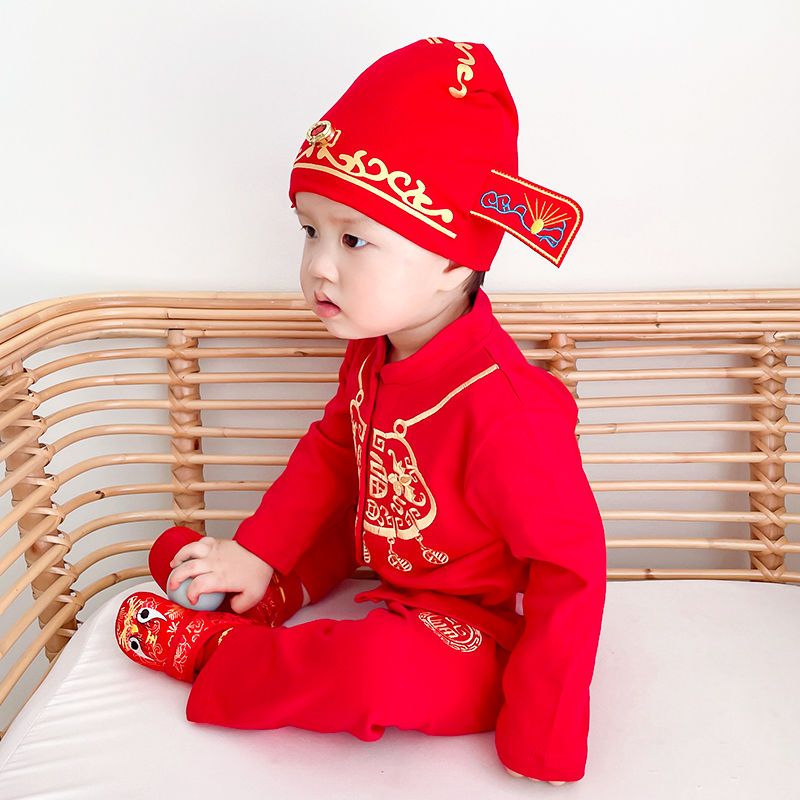 Cotton catch week dress male and female baby one year old clothes baby hundred days birthday Tang suit suit red autumn thin