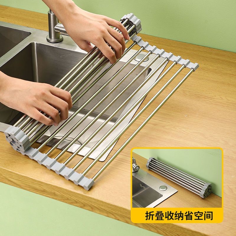 304 stainless steel drain roller curtain kitchen sink drain rack foldable drain rack mildew-proof silicone storage rack