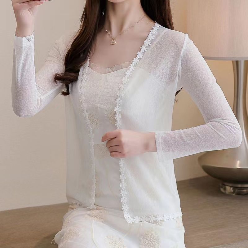 春夏新款防曬衣女雪紡披肩蕾絲花邊薄外套海邊裙子外搭氣質上衣女