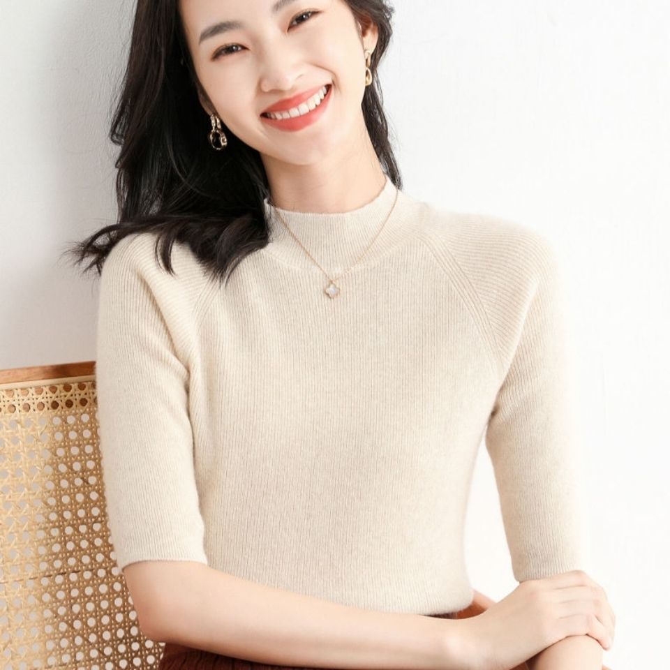 新款针织短袖女七分袖体恤半高领宽松半袖显瘦针织衫纯色百搭潮