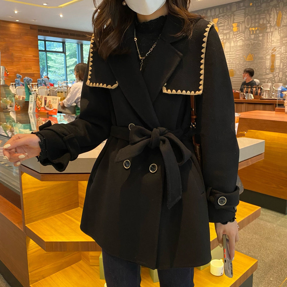 毛呢外套海軍領收腰系帶2022年新款小個子黑色妮子大衣
