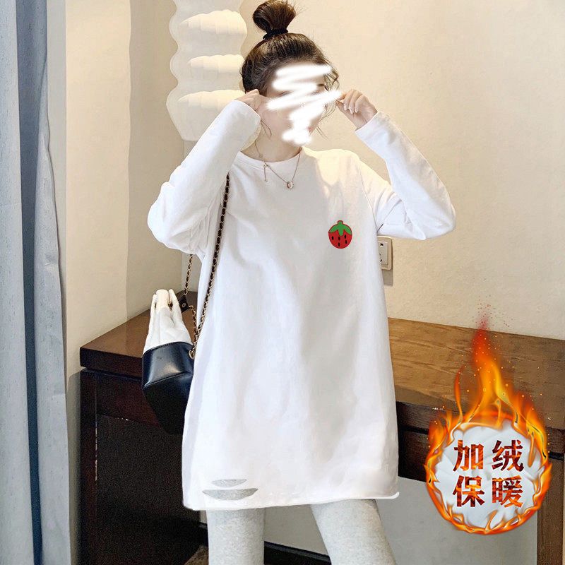 2022秋冬新款寬鬆破洞印花長袖T恤女純棉加絨打底衫常規款上衣潮