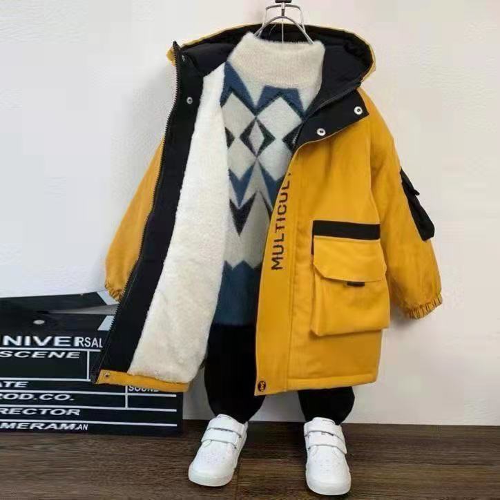 冬天男童外套加厚中长款加绒2021儿童薄款棉服韩版中大童风衣洋气