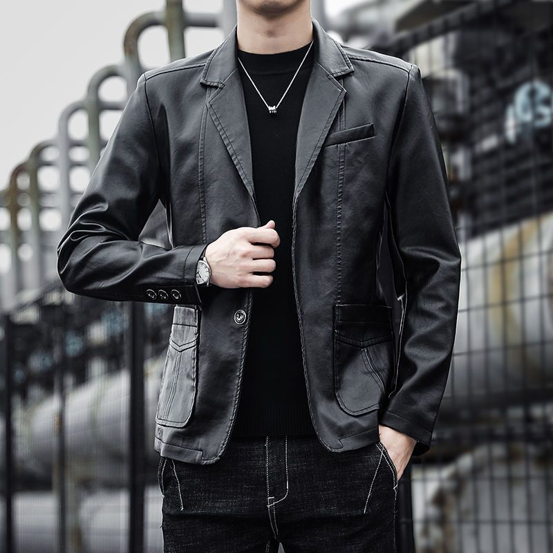 春秋季男士皮衣2021新款西装领韩版潮流pu皮机车夹克休闲男装外套