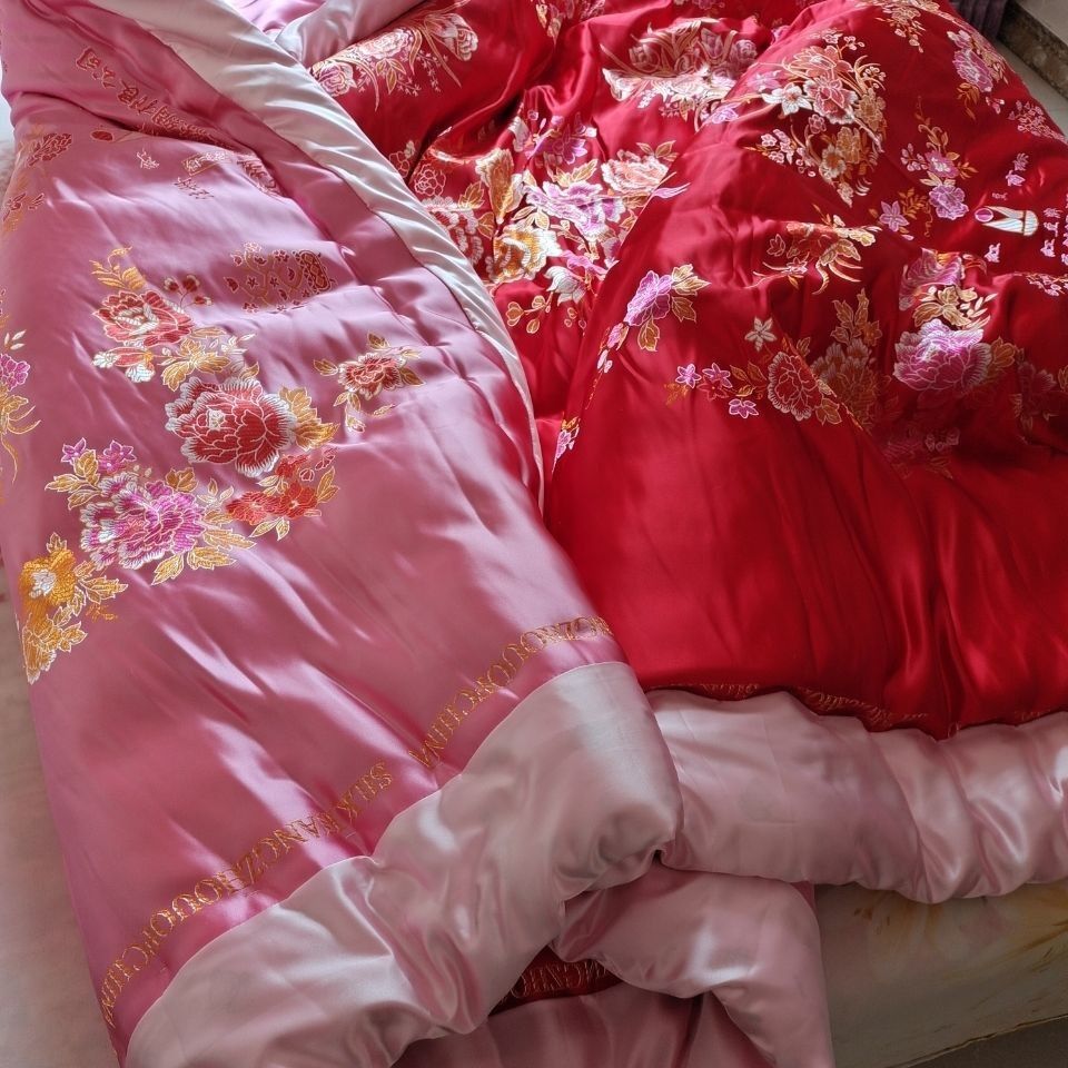 结婚婚庆绸缎被子双面被套老式包边被罩丝绸被面子龙凤古代复古风