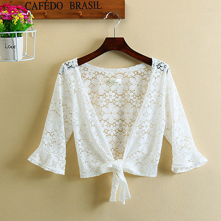 2023 Summer Lace Shawl Versatile Thin Short Jacket Hollow Short Cardigan Sun Protection Clothes Short Sleeve Waistcoat Women's Large Size