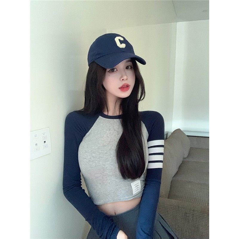 European and American style tight-fitting color contrast stitching print dancing t-shirt female student striped short section navel autumn and winter bottoming top