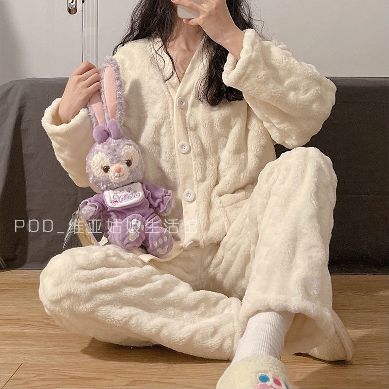 秋冬季珊瑚絨睡衣女新款加絨加厚網紅ins學生開衫保暖家居服冬天