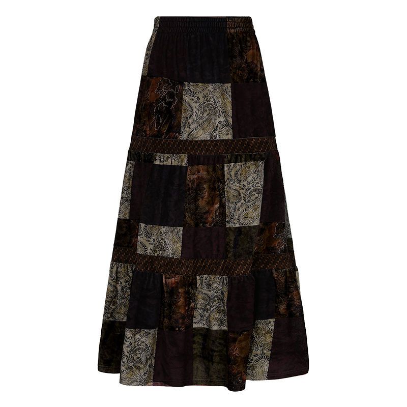 BIIKPIIK retro color contrast print stitching skirt female ins vintage wind suede all-match slim mid-length skirt
