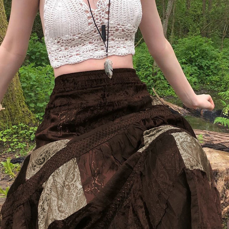 BIIKPIIK retro color contrast print stitching skirt female ins vintage wind suede all-match slim mid-length skirt