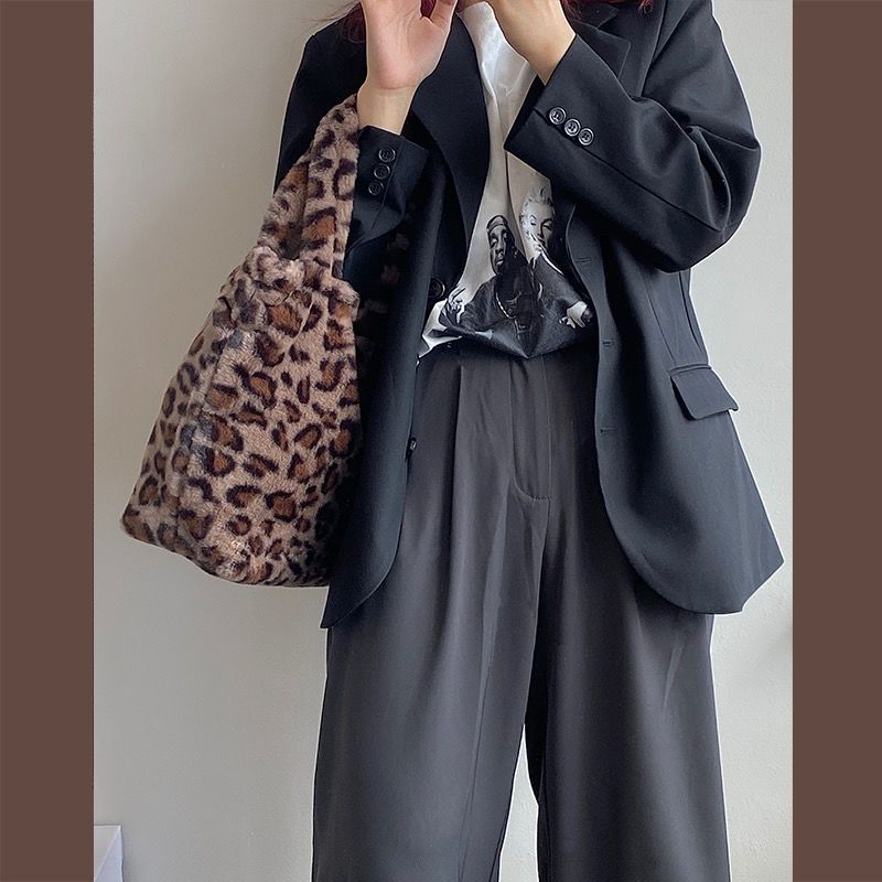 2021秋冬新款韩版可爱豹纹毛毛手提包大容量时尚毛绒包托特包女潮