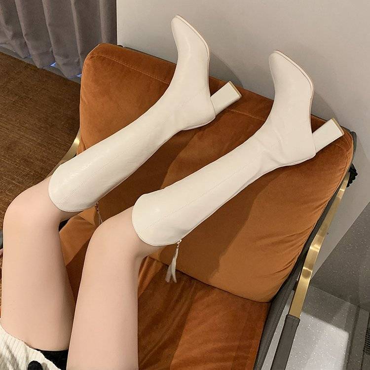 Long boots women's knee-high white high-heeled small square-toed small fragrant style autumn and winter plus velvet thick-heeled square-toed knight boots