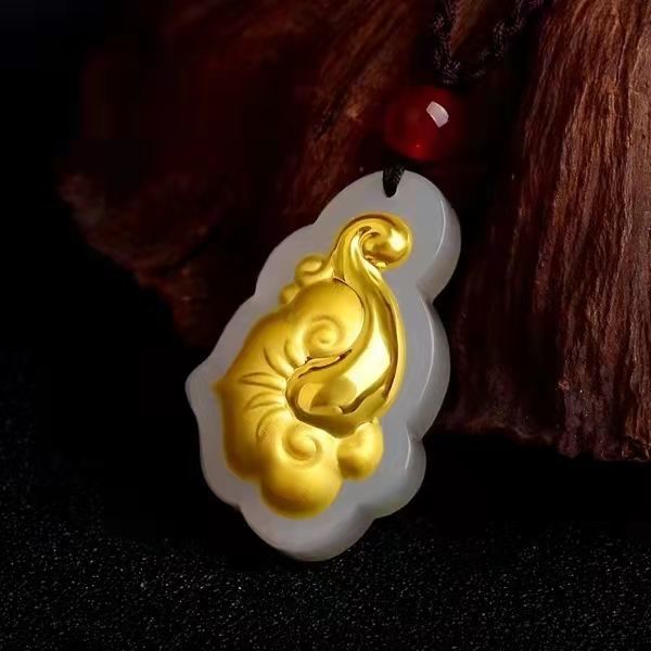 金镶玉吊坠足金挂件如意足金百搭款黄金挂件天然玉石吉祥物