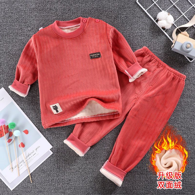 New children's double-sided fleece warm clothing suit plus fleece thickened baby baby boys and girls autumn and winter 0-7 years old