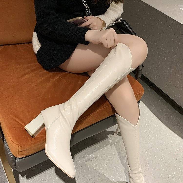Long boots women's knee-high white high-heeled small square-toed small fragrant style autumn and winter plus velvet thick-heeled square-toed knight boots
