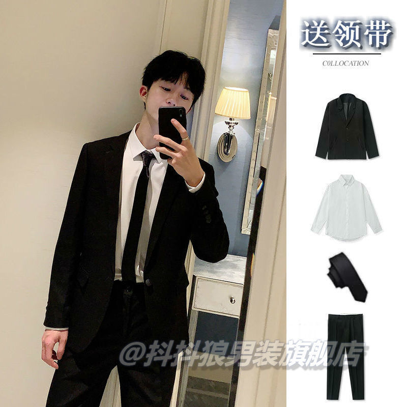 [Four-piece set] small suit jacket men's large size professional dress groom wedding dress student suit suit