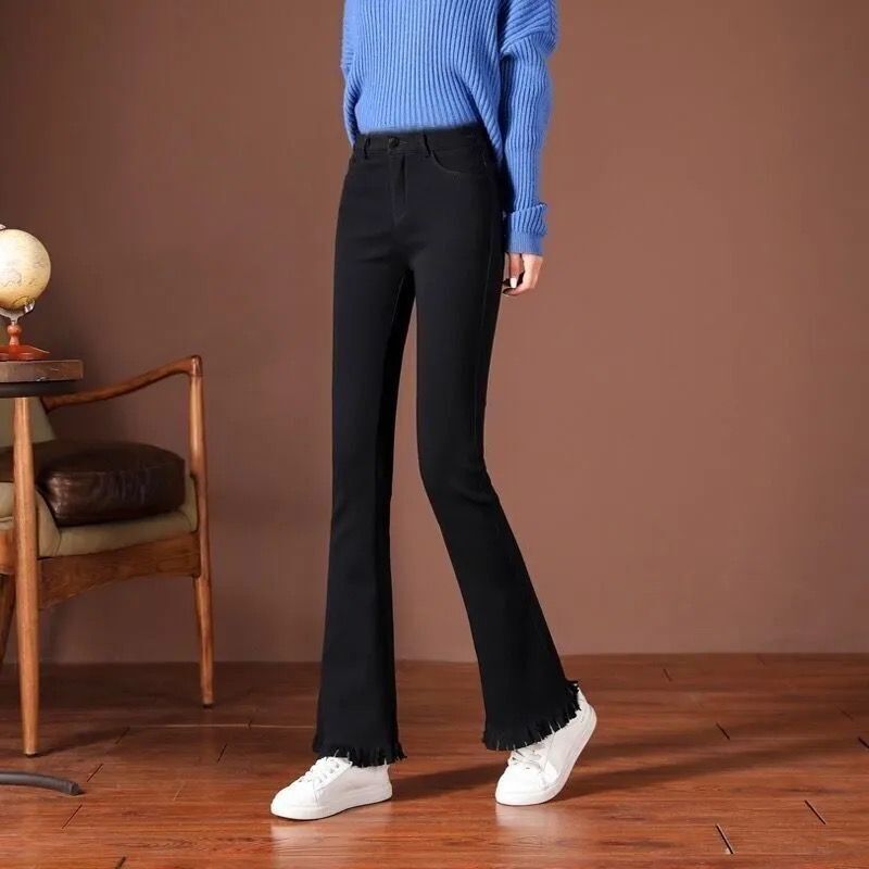 Black flared trousers women's autumn and winter  new thickened and velvet high waist slimming loose tassel nine-point pants