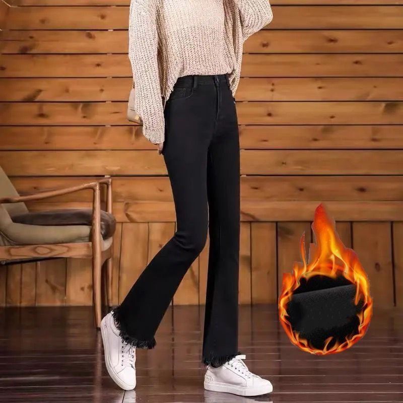 Black flared trousers women's autumn and winter  new thickened and velvet high waist slimming loose tassel nine-point pants