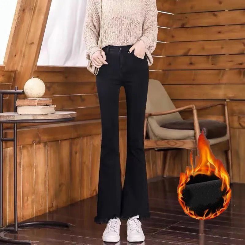 Black flared trousers women's autumn and winter  new thickened and velvet high waist slimming loose tassel nine-point pants