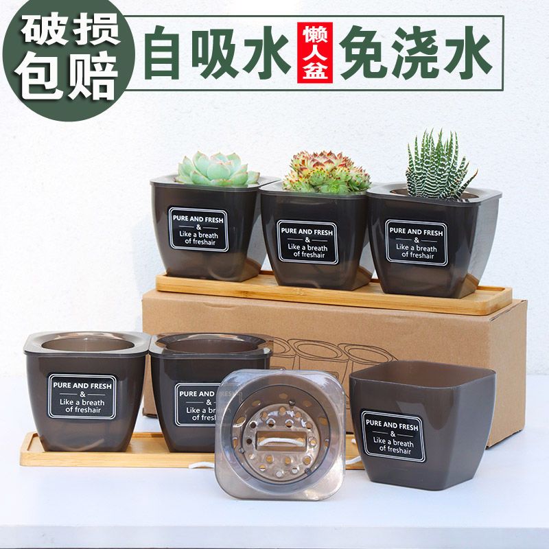 直销连体四方小口径塑料多肉肉花盆创意组合自动吸水懒人花盆套装