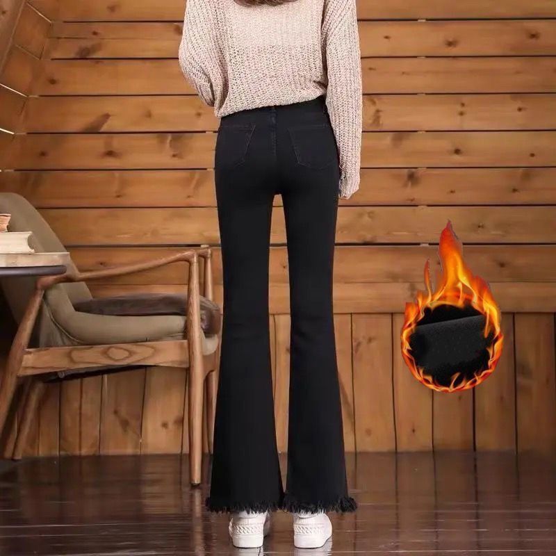 Black flared trousers women's autumn and winter  new thickened and velvet high waist slimming loose tassel nine-point pants