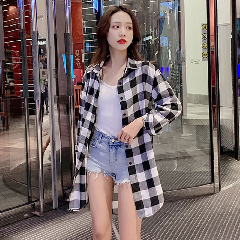 中長款格子襯衫女春秋季新款文藝小清新學生襯衫小個子寬鬆外套潮