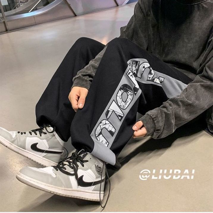 Casual pants men's high street student cartoon versatile trendy sports drawstring leggings trendy brand loose nine-point sweatpants