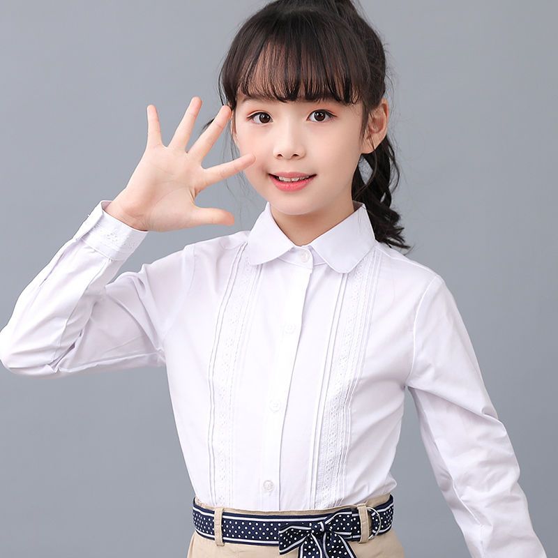 Girls' shirt pure color cotton lace white shirt spring and autumn primary school uniform middle and big children's white long-sleeved shirt