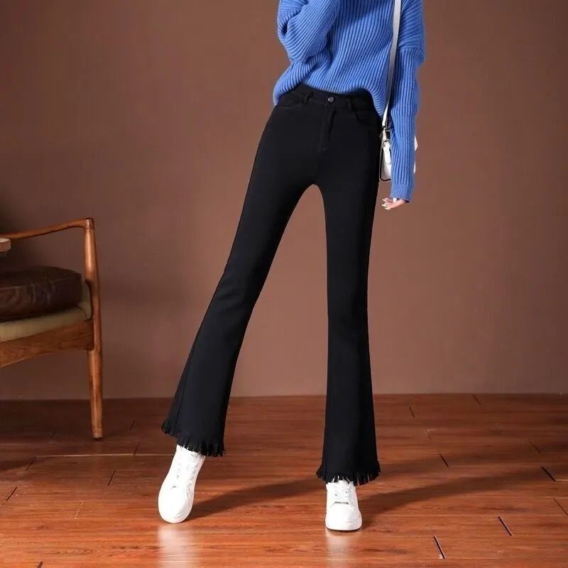 Black flared trousers women's autumn and winter  new thickened and velvet high waist slimming loose tassel nine-point pants